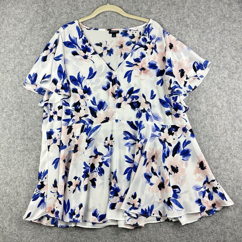 Torrid Blouse Top Womens Plus Size 3X Blue Floral Flutter Coquette Career Office